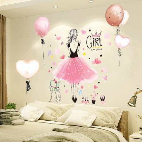 Cartoon Girl Wall Stickers DIY Creative Balloons Mural Decals for Kids Bedroom Baby Room Children Nursery Home Decoration