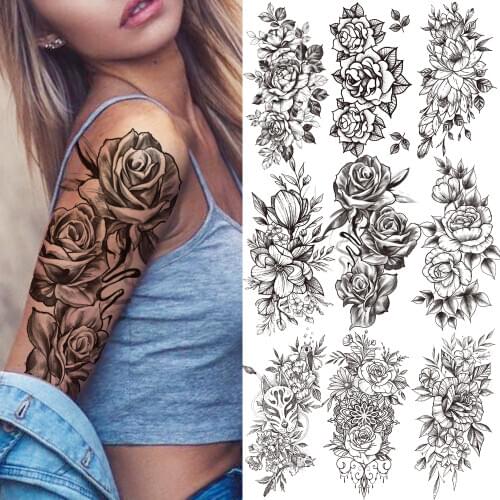 Rose Peony Temporary Tattoos For Women Girls Adult 3D Mask Orchid Flower Tattoo Sticker Fake Daffodil Dahlia Arm Tatoos Decor
