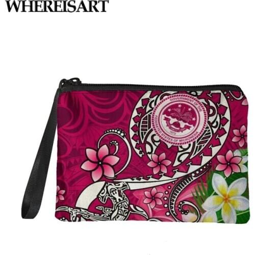 WHEREISART Polynesian Tribal Symbol Wallet Flowers Card Coin Purse Key Bag Zipper Money Bags Child Girls Handbag for Women