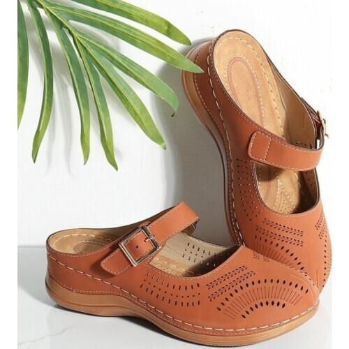 Women Platform Shoes Summer Retro Ankle Buckle Handmade Sewing Female Slippers Comfortable Solid Color Non-slip Womens Sandals