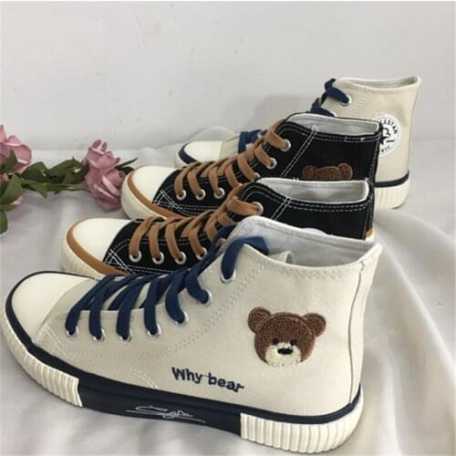 New Women Canvas Sneakers Bear Print Woman Casual Shoes Classic Unisex Skateboarding Shoes High-top Canvas Sneakers Lace-up Shoe