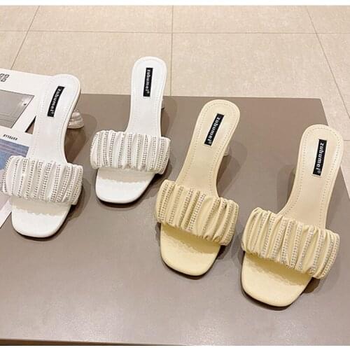 2021 New Women Slipper Fashion Brand Pleated Bling Sandal Shoes Clear Crystal High Heel Slides Summer Elegant Outdoor Flip Flop