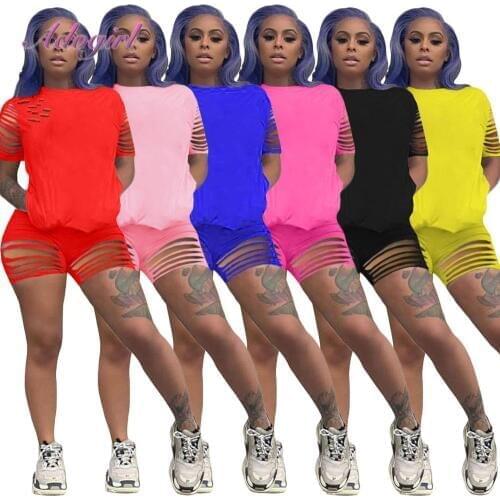 Women Tracksuit 2 Piece Set Casual Solid Hole Hollow Out Corp Tops T-Shirt Bikers Pants Suit Female Joggers Outfit Matching Set