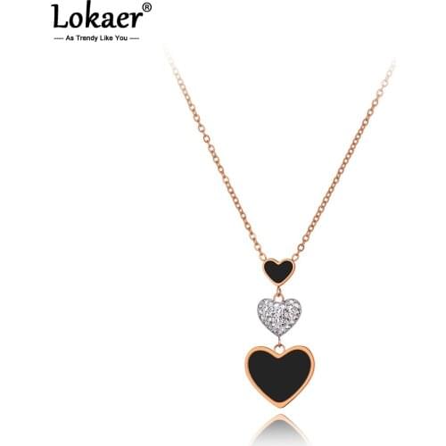 Lokaer Original Stainless Steel CZ Crystal Heart Pendant Necklaces Rose Gold Chain Link Choker Necklace For Women Girls N20066