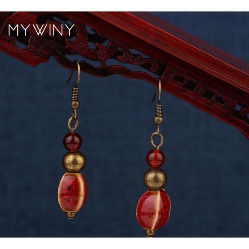 5 colors MYWINY New copper beads ceramic earrings ,fashion vintage ethnic earrings