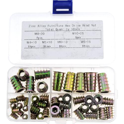 50PCS/BOX M4-M10 Zinc Alloy Thread for Wood Insert Nut Flange Hex Socket Head Furniture Nuts Assortment Kit M5 M6 M8