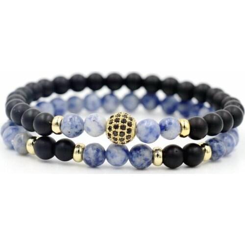2pcs/set Blue Dot Onyx Stone Strand Bracelet Men Crystal Ball Zircon Charm Energy Yoga Bracelets Women Couples Love Jewelry Gift