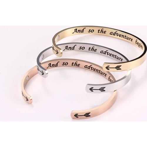 Trendy Engraved Letter And So the Adventure Begins Word Bracelet Stainless Steel C Shape Magnetic Unisex Cuff Bangle
