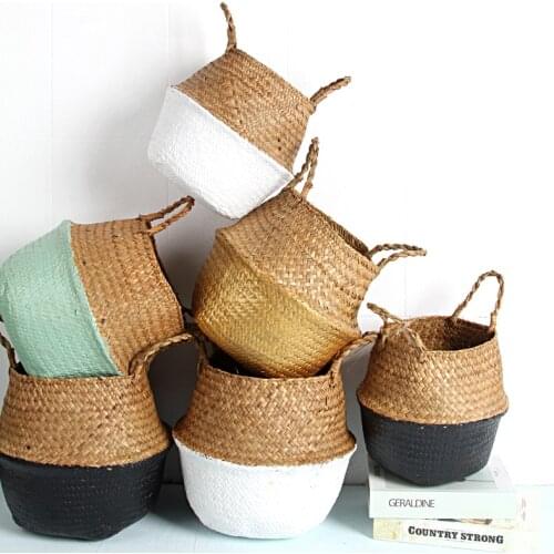Handmade Seagrass Storage Basket Straw Basket Write Wicker Basket Storage Bag White Garden Flower Pot Planter