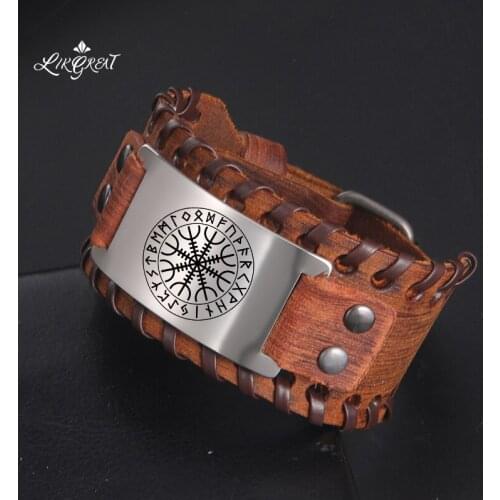 LIKGREAT Viking Norse Runes Helm of Awe Wide Leather Bracelets Mens Wrist Bracelet Aegishjalmur Talisman Bangles Jewelry Gifts