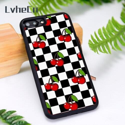 LvheCn Silicone Rubber Phone Case Cover for iPhone 6 6S 7 8 Plus X XS XR 11 12 Mini Pro Max Cherry Checkers