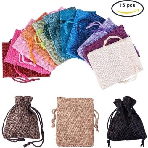 15pcs 9x7CM Mixed Color Burlap Favor Gift Bags, Linen Jewelry Pouches with Drawstring for Gifts Jewelry and Storage
