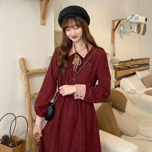 2021 New Autumn Elegant Autumn and Winter Red Waist-Controlled Slimming Long Sleeve Maxi kawaii clothing sweet lolita dress