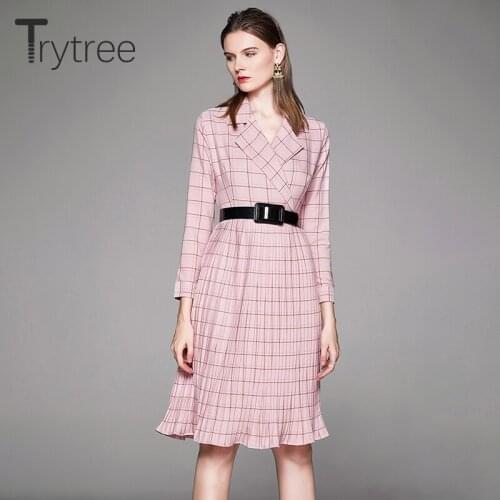 Trytree 2020 Autumn Winter Casual Women Dress Turn-down Collar Belt Plaid Slim fit Fashion Pleated Knee-Length Office Lady Dress