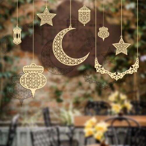Ramadan Eid Wooden Festive Craft Hanging Pendant With Hemp Rope Eid Mubarak Home Party Decoration For Islamic Muslim Eid Gift