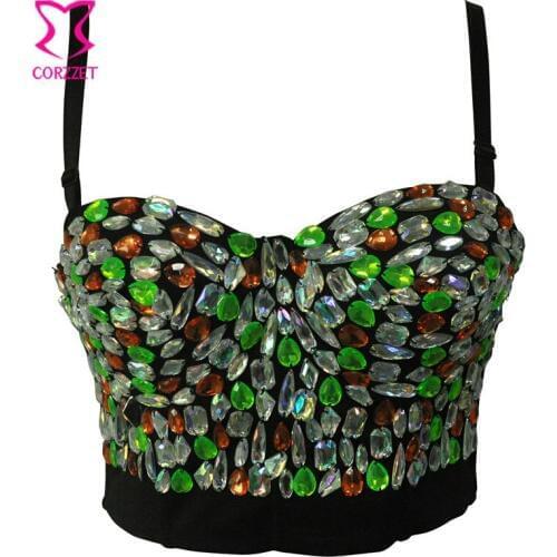 Multi-colored Crystal Gem Beads Night Club Party Steampunk Soutien Gorge Push Up Bra Sexy Bralette Top Bustier Bras For Women