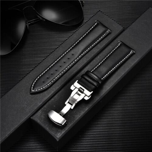 Genuine Calfskin Leather Watchband Replacement 18 20 22 24mm Straps with Solid Automatic Butterfly Buckle Watch Accessories Band