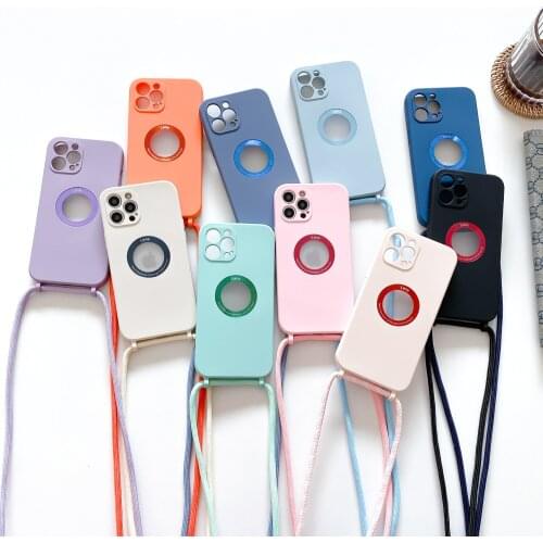 Luxury Solid Color Hollow Out Metal Ring with Lanyard Phone Case for 11 12Pro Max XS X XR 8 7Plus Anti-fall Silicone Soft Cover