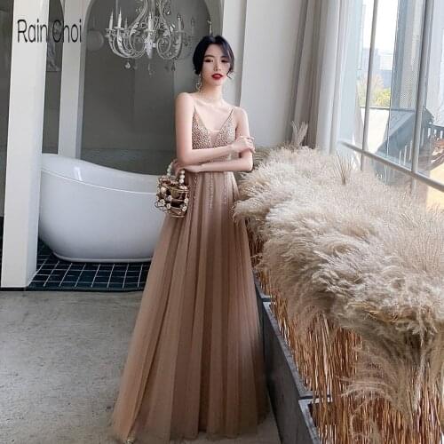 Sexy Long Evening Dress Robe De Soiree Tulle Evening Prom Gowns with Pearls Champagne Formal Party Dresses