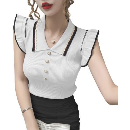 Sweet Short Ruffles Sleeve T-shirt Crop Top Girls Slim Ruffled Cropped Tee Shirts Lady Stretchy Buttons Tees T-shirts For Girls