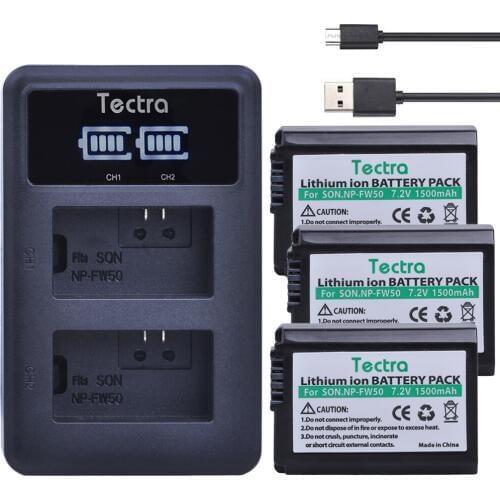 Tectra 3pcs NP-FW50 NPFW50 NP FW50 Battery +LED Display USB Dual Charger for Sony Alpha a5000 a6000 DSC-RX10 Alpha 7 Bateria