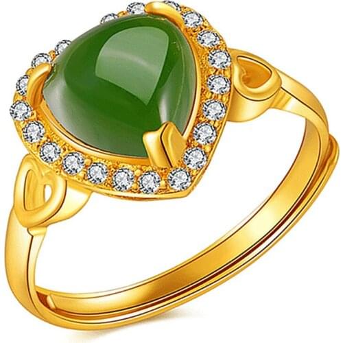 FYJS Unique Light Yellow Gold Color Love Heart Green Agates Resizable Finger Ring Romantic Style Jewelry