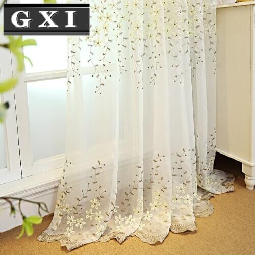 GXI Embroidered Flower White Tulle Curtains For Living Room Beige Sheer Curtains For Bedroom Finished Voile Curtain Drapes