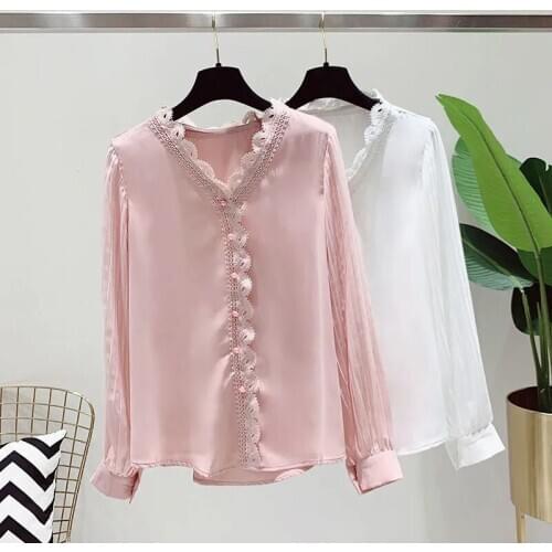 YTNMYOP Sweet Spring Blouse Women Loose Fashion Chiffon V-neck Lady Short Long Sleeve Clothing For Girls Pink White Colors