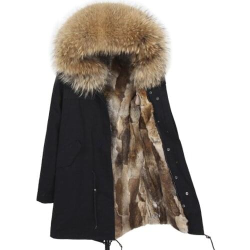 2021 real fur coat natural rex rabbit fur long parka women winter jacket detachable raccoon fur collar thick warm new