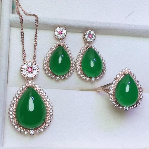 Jadery Classic Luxury 925 Sterling Silver Jewelry Sets For Women Natural Green Jade CZ Zircon Necklace Earrings Ring Jewelry New