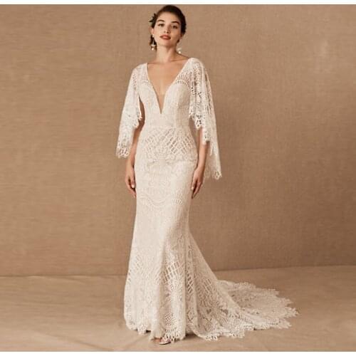 Boho Wedding Dresses Mermaid Bridal Dress for Women 2021 V-Neck Backless Bohemian Bride Gowns Marriage Dress Vestidos De Novia