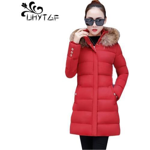 UHYTGF M-4XL Plus size Coat Female New Winter Down Cotton Slim Outerwear With Fur Collar Hooded Thick Warm jacket Parkas Coat 35