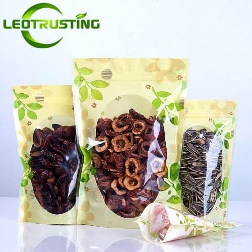 Leotrusting 100pcs Stand up Plastic Zip Lock Bag Clear Window Green Coffee Snack Cookie Baking Packaging Bag Plastic Gift Bags