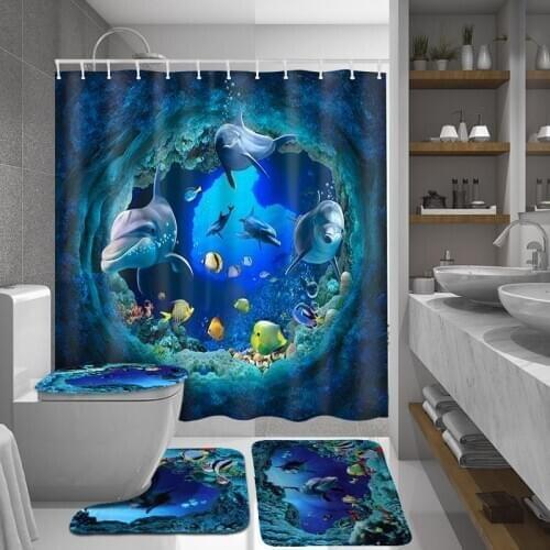 16Ocean Dolphin Deep Sea Polyester Shower Curtain Bathroom Waterproof with 10 Hooks Pedestal Rug Lid Toilet Cover Bath Mat Set