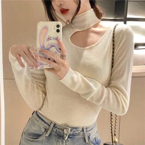 Hollow Out Casual Knit Pullover Shirt Woman Chic Crop Top Korean Style Streetwear Base Shirt Coat