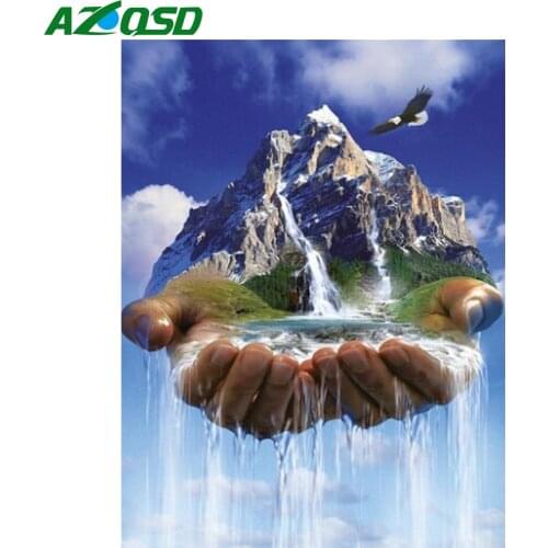 AZQSD Diamond Painting Waterfall Hand Mountain Cross Stitch Rhinestone Diamond Embroidery Landscape Mosaic Handicraft Home Decor