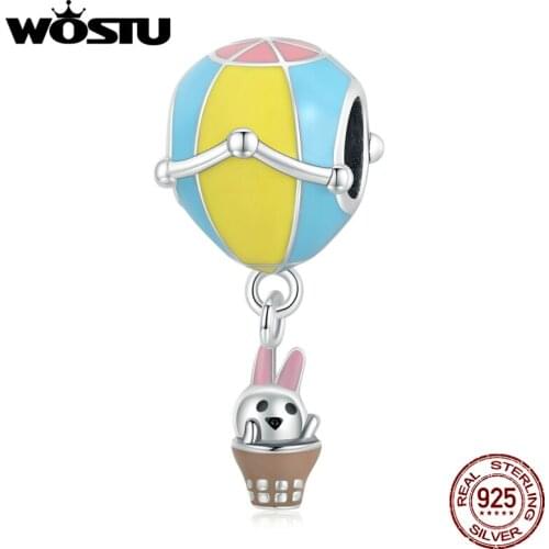 WOSTU 925 Sterling Silver Yellow Blue Hot Air Balloon Pink Rabbit Charm Beads Fit Original Bracelet DIY Jewelry CQC1966