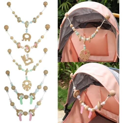 Pram Chain with Clips Nature Wooden Pram String Clips Mobile Pram Rattle Stroller Toys Neborn Gift Toys