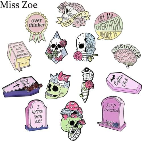 Overthinker Enamel Pins Pink Skeleton Skull Rose Dagger Brooches Clothes Lapel Pin Punk Badge Jewelry Gifts For Kid Friends