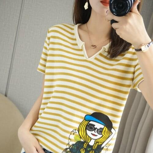 T-shirt women 2021 pure cotton ladies blouse oversized casual V-neck knit pullover short sleeves plus size striped beauty tees