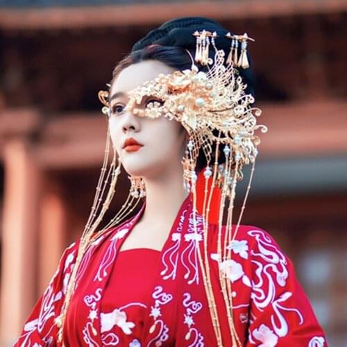 XinHuaEase Hanfu Headdress Half Face Makeup Mask Ancient Costume Shooting Antique Jewelry Gold Silver Fairy Beauty Handicraft