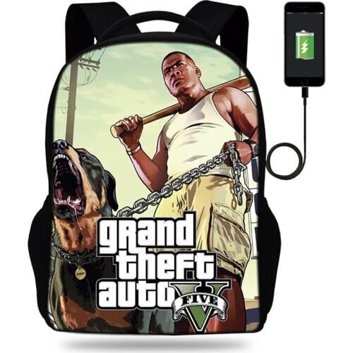 Grand Theft Auto GTA V USB Charge Rucksack Students School Book Bags Men Women Bookbags Casual Travel Shoulder Mochilas