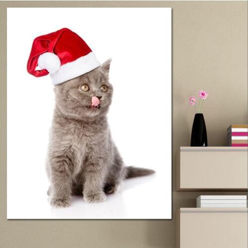Printing Oil Painting Christmas Cats Kittens Winter Hat Wall Art Canvas Prints Pictures For Living Room And Bedroom No Frames