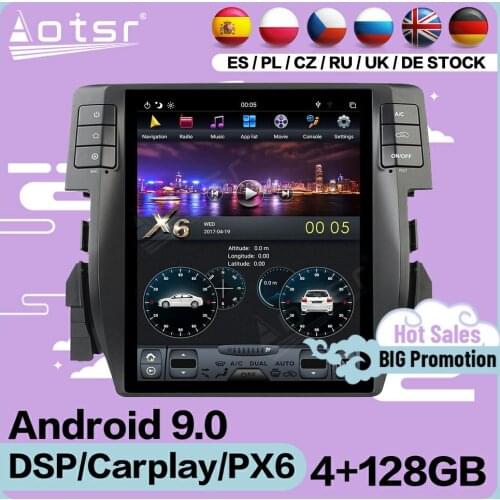 4+128G Tesla Screen Multimedia Stereo Android 9 Player For Honda Civic 2016 2017 2018 2019 GPS Navigation Audio Radio Head Unit