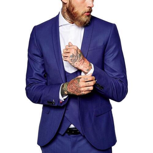 Mens Suits Slim Fit Royal Blue/White lapel 3 Pieces Business Groom Jacket Tuxedos for Wedding Prom Evening(Blazer+Vest+Pants)