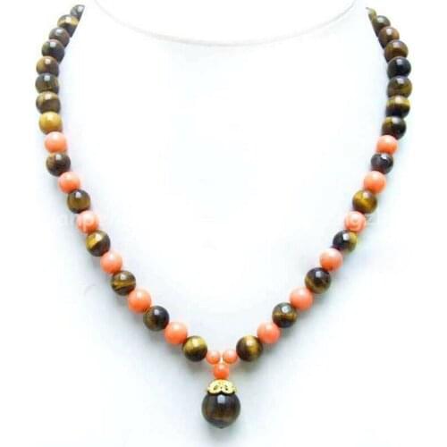 Natural 8mm Pink Coral & Yellow Tigers Eye Gems Round Pendant Necklace 18