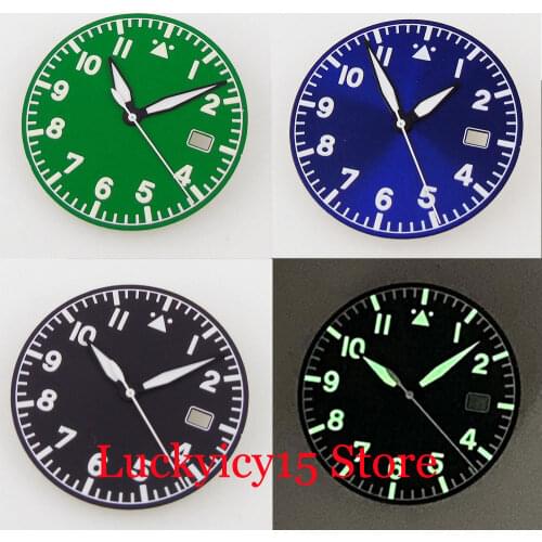 New Watch Parts 33.6mm Green Luminous Watch Dial Hand Set fit NH35A Date Display Steel