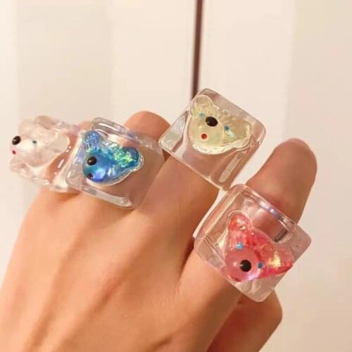 New Korean Lovely Colorful Transparent Bear Simple Acrylic Resin Geometric Square Ring for Women Girls Party Jewelry Gifts