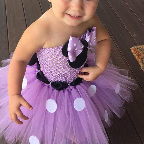 Cute Baby Purple Minnie Tutu Dress Girls 2Layer Tulle Dresses with Dots Ribbon Bow and Headband Kids Cosplay Cartoon Party Dress