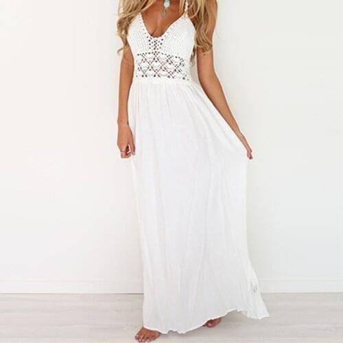 Vacation Maxi Dresses For Womens Summer 2021 Elegant Sexy Backless Beach Style Lace Hollow Out Bohemian White Long Loose Dress